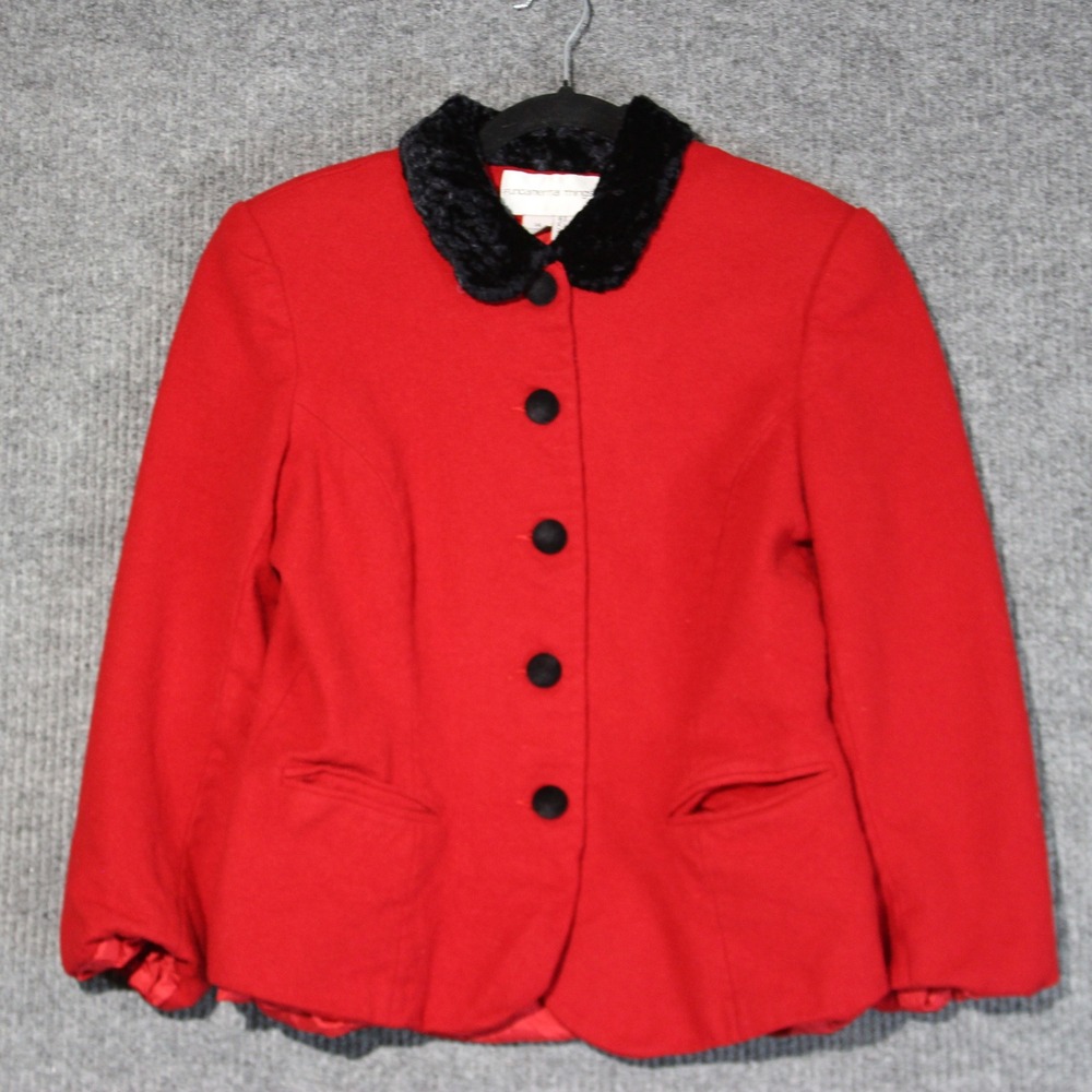 Fundamental Things Wool Blazer Jacket Size‎ 14 Red Black Faux Fur Collar